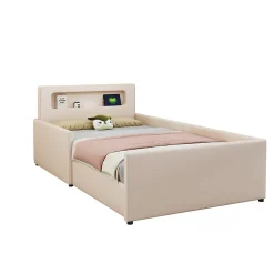 Lit avec rangement 90x200 cm - Lit enfant capitonné avec veilleuse et port USB - Similicuir + Métal - Sans matelas - Beige