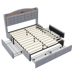 Lit avec Rangement 160x200 cm - Lit Double avec Port USB, Table de Chevet avec 4 Tiroirs, Sans Matelas, Lin, Gris Clair