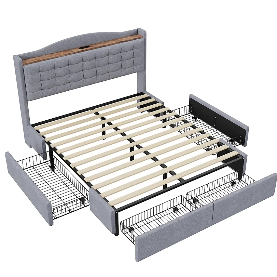 Lit avec Rangement 160x200 cm - Lit Double avec Port USB, Table de Chevet avec 4 Tiroirs, Sans Matelas, Lin, Gris Clair