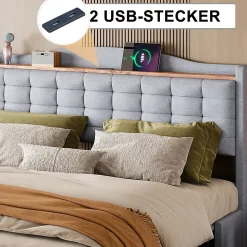 Lit avec Rangement 160x200 cm - Lit Double avec Port USB, Table de Chevet avec 4 Tiroirs, Sans Matelas, Lin, Gris Clair