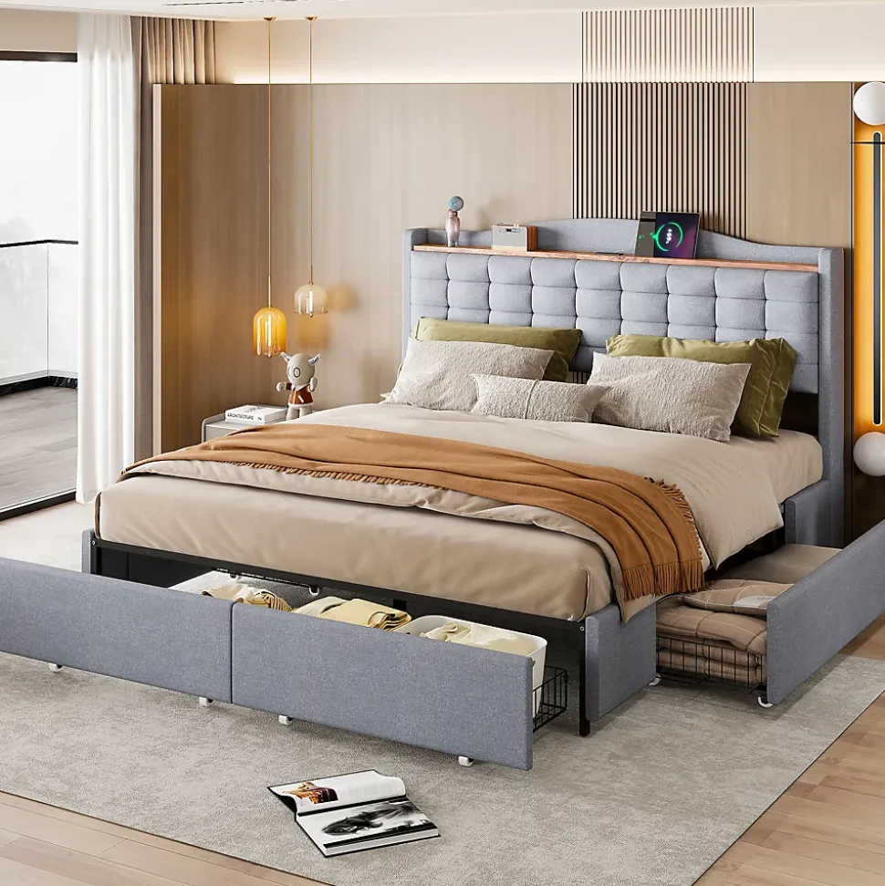 Lit avec Rangement 160x200 cm - Lit Double avec Port USB, Table de Chevet avec 4 Tiroirs, Sans Matelas, Lin, Gris Clair