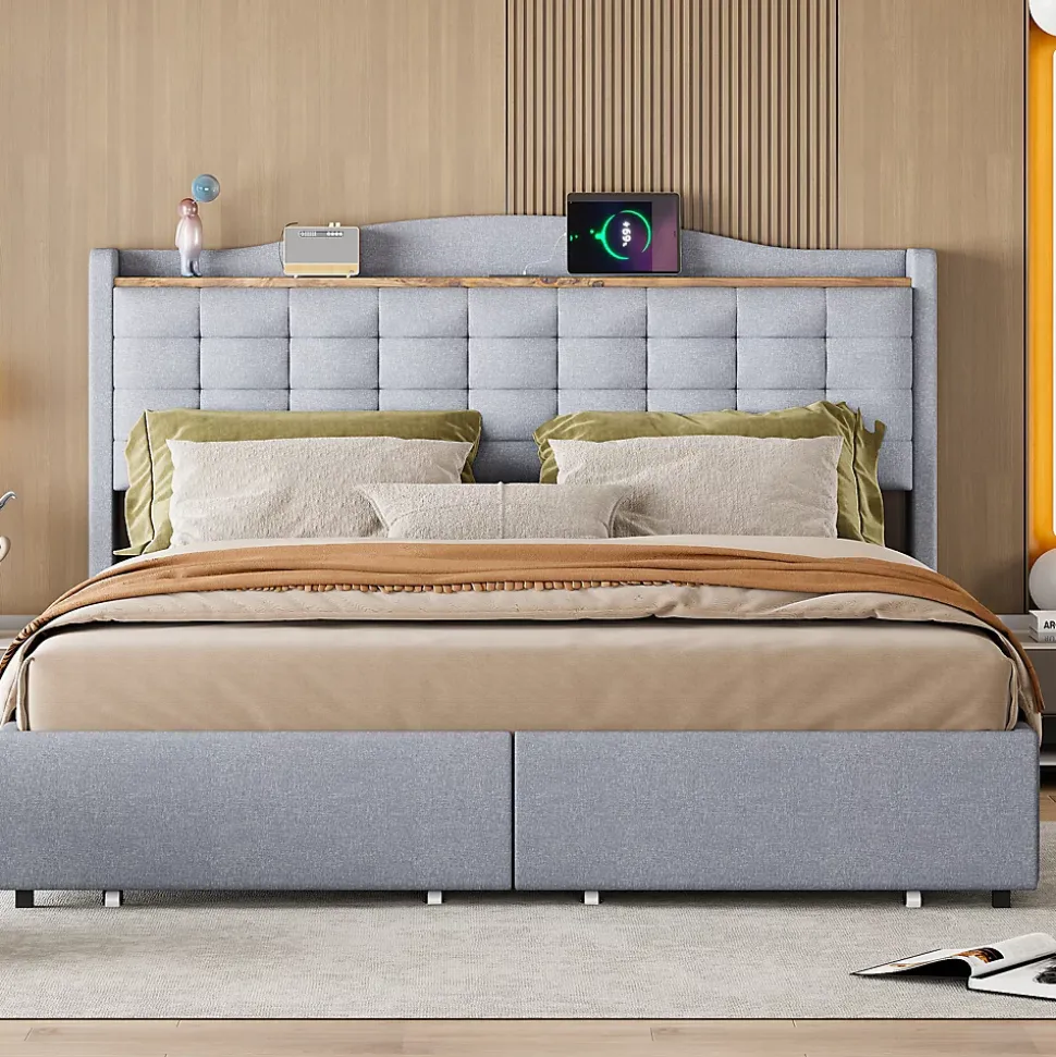 Lit avec Rangement 160x200 cm - Lit Double avec Port USB, Table de Chevet avec 4 Tiroirs, Sans Matelas, Lin, Gris Clair