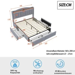 Lit avec Rangement 160x200 cm - Lit Double avec Port USB, Table de Chevet avec 4 Tiroirs, Sans Matelas, Lin, Gris Clair