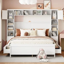 Lit avec Rangement 140x200 cm - Lit Double avec 4 Tiroirs et Placard Spacieux, Bois Massif et MDF, Sans Matelas - Blanc