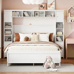 Lit avec Rangement 140x200 cm - Lit Double avec 4 Tiroirs et Placard Spacieux, Bois Massif et MDF, Sans Matelas - Blanc