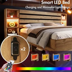 Lit avec rangement 180x200 cm - Lit double avec tête de lit LED et USB C - Bois Massif - Sans Matelas - Chêne
