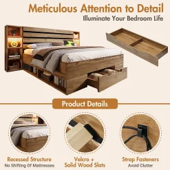 Lit avec rangement 180x200 cm - Lit double avec tête de lit LED et USB C - Bois Massif - Sans Matelas - Chêne