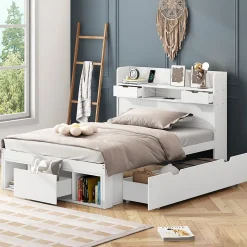 Lit avec Rangement 90x200 cm - Lit Simple avec USB et Tiroirs, Armoire Intégrée - Sans Matelas - Bois Blanc