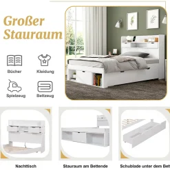 Lit avec Rangement 90x200 cm - Lit Simple avec USB et Tiroirs, Armoire Intégrée - Sans Matelas - Bois Blanc