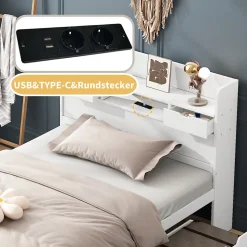 Lit avec Rangement 90x200 cm - Lit Simple avec USB et Tiroirs, Armoire Intégrée - Sans Matelas - Bois Blanc
