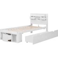 Lit avec Rangement 90x200 cm - Lit Simple avec USB et Tiroirs, Armoire Intégrée - Sans Matelas - Bois Blanc