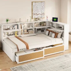 Lit avec Rangement 90x200 cm - Lit Simple enfant avec 2 Tiroirs et Niches de Rangement, Sans Matelas - Bois Massif et MDF Blanc