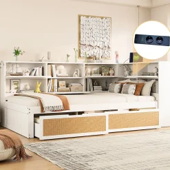 Lit avec Rangement 90x200 cm - Lit Simple enfant avec 2 Tiroirs et Niches de Rangement, Sans Matelas - Bois Massif et MDF Blanc