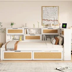 Lit avec Rangement 90x200 cm - Lit Simple enfant avec 2 Tiroirs et Niches de Rangement, Sans Matelas - Bois Massif et MDF Blanc