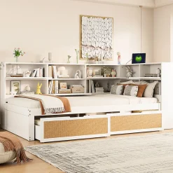 Lit avec Rangement 90x200 cm - Lit Simple enfant avec 2 Tiroirs et Niches de Rangement, Sans Matelas - Bois Massif et MDF Blanc