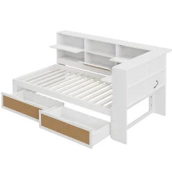 Lit avec Rangement 90x200 cm - Lit Simple enfant avec 2 Tiroirs et Niches de Rangement, Sans Matelas - Bois Massif et MDF Blanc