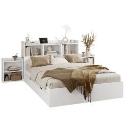Lit avec Rangement 140x200 cm - Lit Double avec 2 Tables de Nuit Extractibles - MDF Robuste - Sans Matelas - Blanc