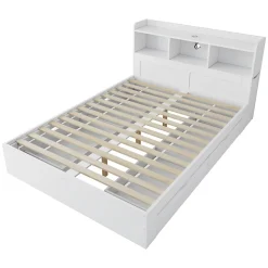 Lit avec Rangement 140x200 cm - Lit Double avec 2 Tables de Nuit Extractibles - MDF Robuste - Sans Matelas - Blanc