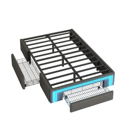Lit avec rangement 90x200 cm - Lit simple avec 2 tiroirs et bande LED - Sans matelas - Gris