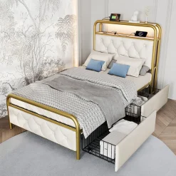 Lit avec Rangement 90x200 cm - Lit Capitonné Simple avec 2 Tiroirs, Prises USB et LED, Velours, Sans Matelas, Blanc