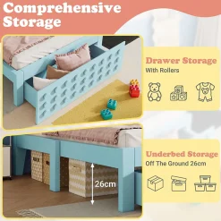 Lit avec rangement 90x200 cm - Lit simple avec tiroirs intégrés et design créatif - en MDF et bois massif - Bleu - Sans matelas