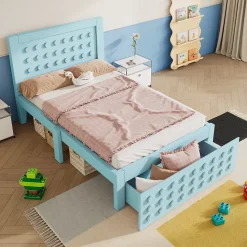 Lit avec rangement 90x200 cm - Lit simple avec tiroirs intégrés et design créatif - en MDF et bois massif - Bleu - Sans matelas