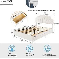 Lit avec rangement 140x200 cm - Lit double tête fleur - Velours - Sans Matelas - Beige