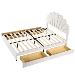 Lit avec rangement 140x200 cm - Lit double tête fleur - Velours - Sans Matelas - Beige