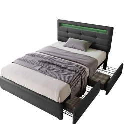 Lit avec rangement 90x200 cm - Lit simple capitonné avec LED et 2 tiroirs - Bois massif + Lin + Métal - Sans Matelas - Gris