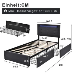 Lit avec rangement 90x200 cm - Lit simple capitonné avec LED et 2 tiroirs - Bois massif + Lin + Métal - Sans Matelas - Gris