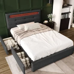 Lit avec rangement 90x200 cm - Lit simple capitonné avec LED et 2 tiroirs - Bois massif + Lin + Métal - Sans Matelas - Gris