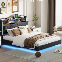 Lit avec rangement 140x200 cm - Lit double capitonné avec éclairage LED - lin + Métal - Sans matelas - Gris