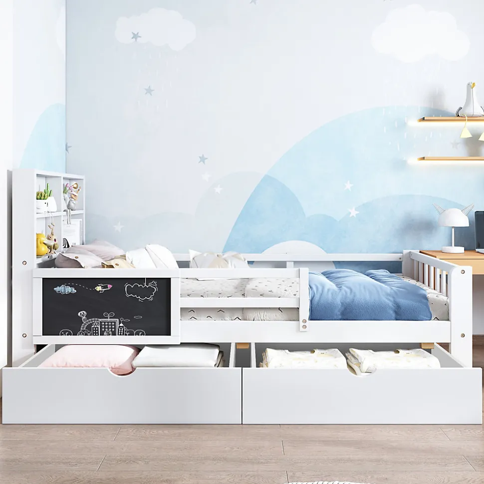 Lit avec rangement 90x200 cm - Lit enfant simple avec 2 tiroirs et table, structure en bois massif et MDF - Blanc - Sans matelas