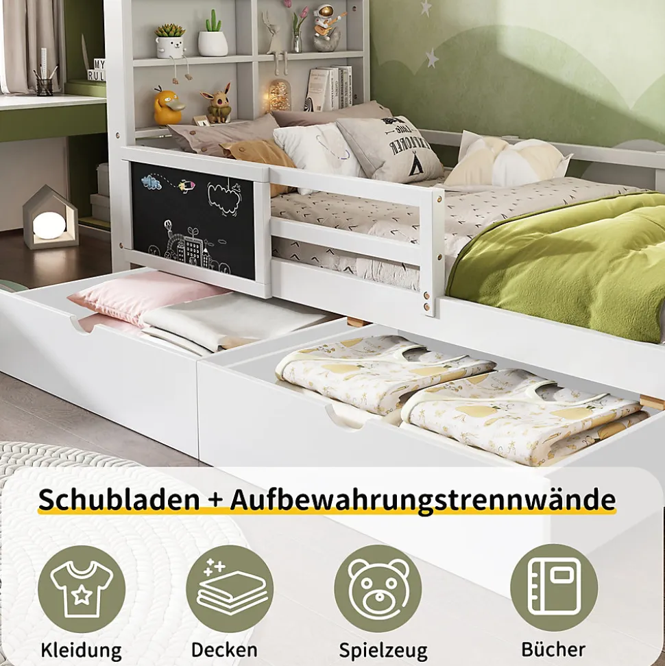 Lit avec rangement 90x200 cm - Lit enfant simple avec 2 tiroirs et table, structure en bois massif et MDF - Blanc - Sans matelas