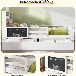 Lit avec rangement 90x200 cm - Lit enfant simple avec 2 tiroirs et table, structure en bois massif et MDF - Blanc - Sans matelas