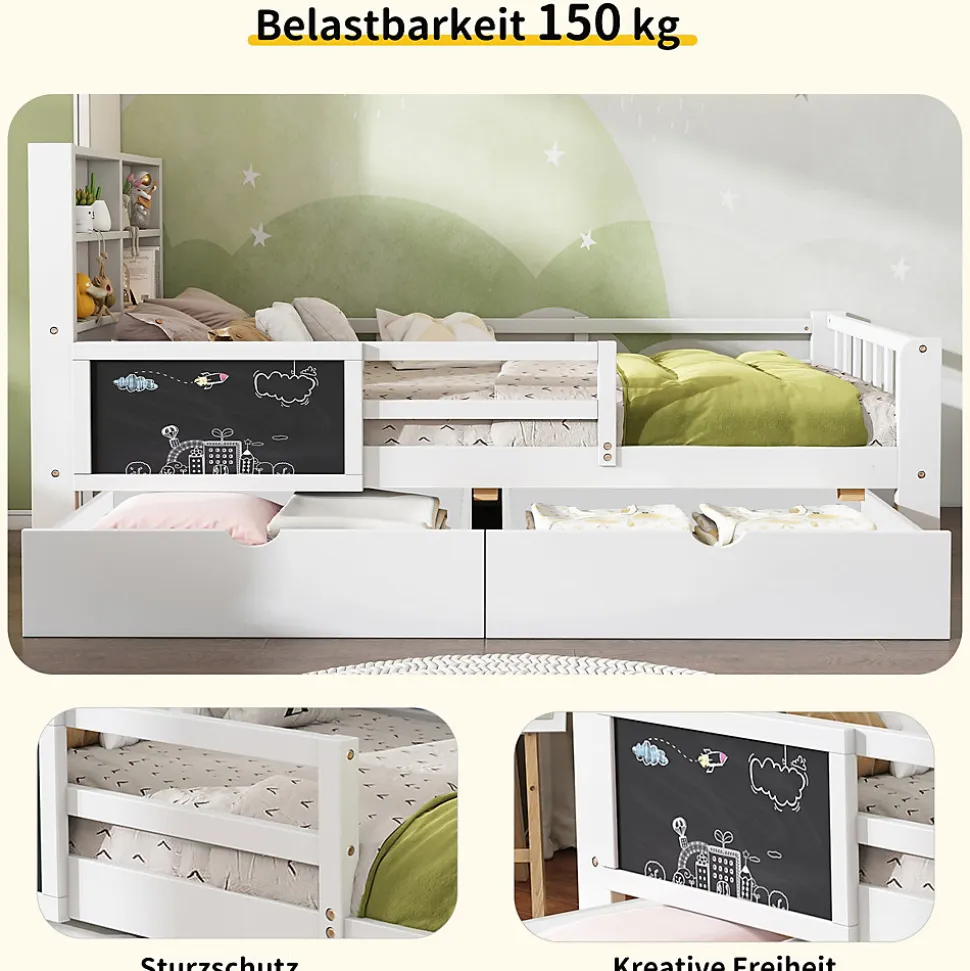 Lit avec rangement 90x200 cm - Lit enfant simple avec 2 tiroirs et table, structure en bois massif et MDF - Blanc - Sans matelas
