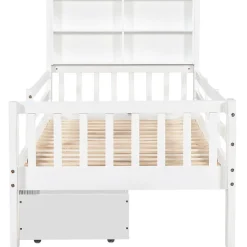 Lit avec rangement 90x200 cm - Lit enfant simple avec 2 tiroirs et table, structure en bois massif et MDF - Blanc - Sans matelas