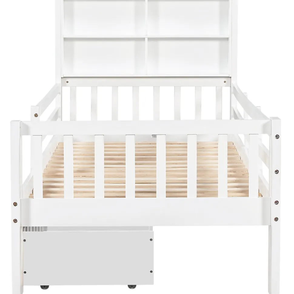 Lit avec rangement 90x200 cm - Lit enfant simple avec 2 tiroirs et table, structure en bois massif et MDF - Blanc - Sans matelas