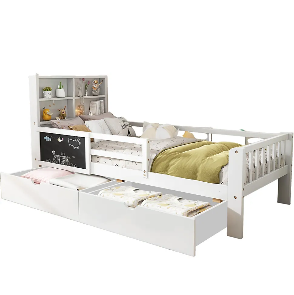 Lit avec rangement 90x200 cm - Lit enfant simple avec 2 tiroirs et table, structure en bois massif et MDF - Blanc - Sans matelas