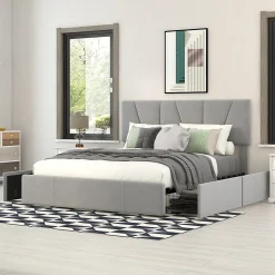 Lit avec rangement 140x200 cm - Lit rembourré avec tête de lit réglable et 4 tiroirs - Bois de pin + Velours - Sans matelas - Gris