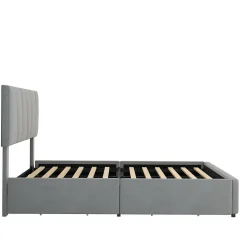 Lit avec rangement 140x200 cm - Lit rembourré avec tête de lit réglable et 4 tiroirs - Bois de pin + Velours - Sans matelas - Gris