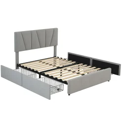 Lit avec rangement 140x200 cm - Lit rembourré avec tête de lit réglable et 4 tiroirs - Bois de pin + Velours - Sans matelas - Gris