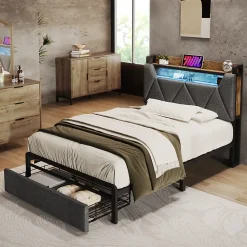 Lit avec rangement 90x200 cm - Lit simple rembourré avec tiroirs et fonction de chargement USB - Lin - Sans Matelas - Gris