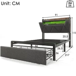 Lit avec rangement 90x200 cm - Lit simple rembourré avec tiroirs et fonction de chargement USB - Lin - Sans Matelas - Gris
