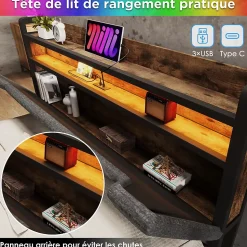 Lit avec rangement 90x200 cm - Lit simple rembourré avec tiroirs et fonction de chargement USB - Lin - Sans Matelas - Gris