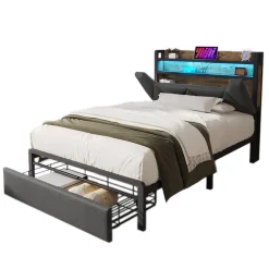 Lit avec rangement 90x200 cm - Lit simple rembourré avec tiroirs et fonction de chargement USB - Lin - Sans Matelas - Gris