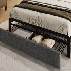 Lit avec rangement 90x200 cm - Lit simple rembourré avec tiroirs et fonction de chargement USB - Lin - Sans Matelas - Gris