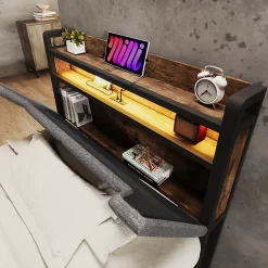 Lit avec rangement 90x200 cm - Lit simple rembourré avec tiroirs et fonction de chargement USB - Lin - Sans Matelas - Gris