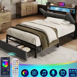 Lit avec rangement 90x200 cm - Lit simple rembourré avec tiroirs et fonction de chargement USB - Lin - Sans Matelas - Gris