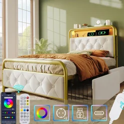 Lit avec Rangement 90x200 cm - Lit Simple Capitonné avec 2 Tiroirs, Ports USB et LED, Matelas Inclus, Velours, Blanc